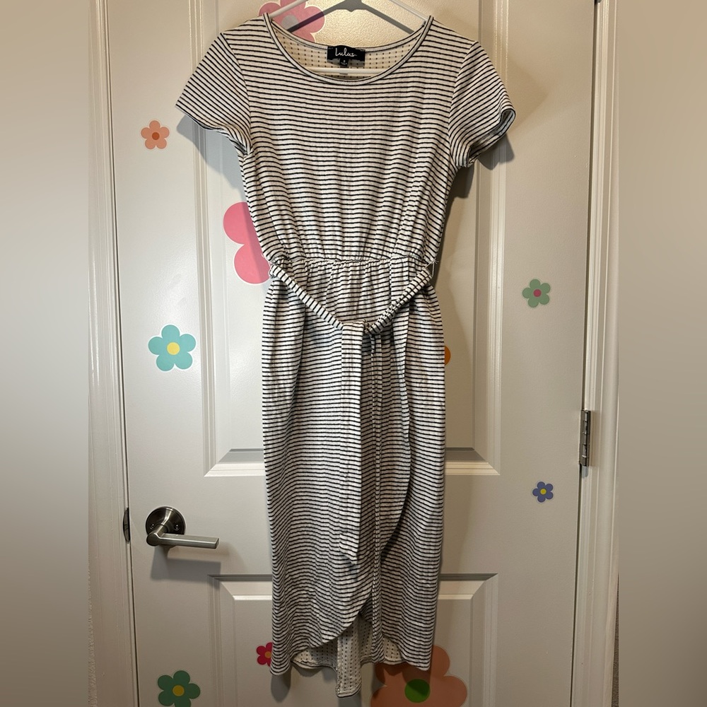 Lulus Sun Swept Black and White Striped belted Midi Dress